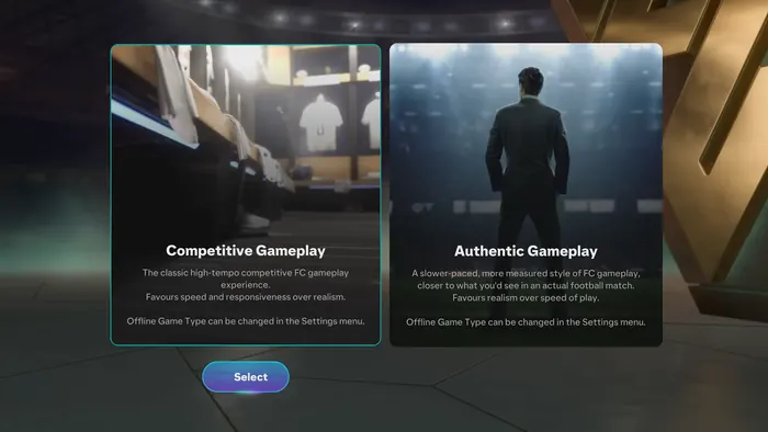 Gameplay style selector comparing competitive and authentic modes