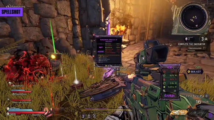 In-game HUD with legendary weapon card overlay in a ruined courtyard