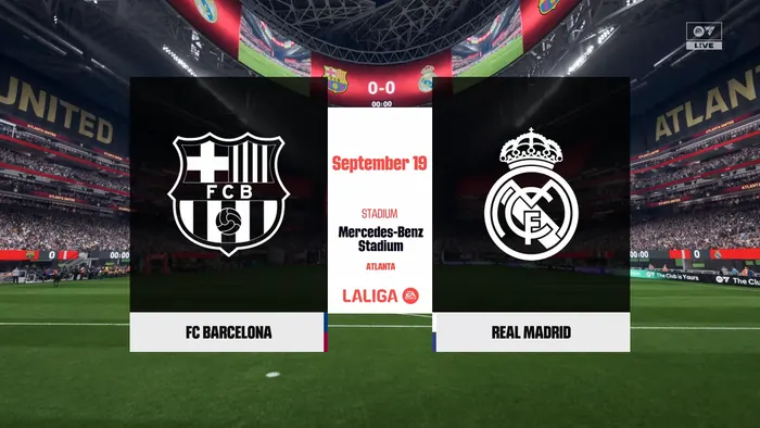 Match intro scoreboard with club crests over a stadium wide shot