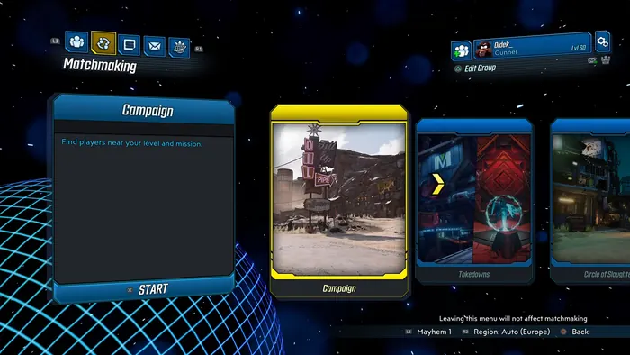 Matchmaking menu with campaign and takedown mission cards
