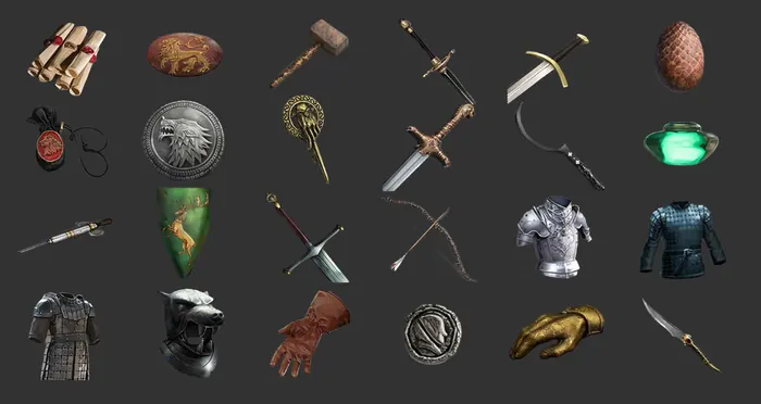Medieval item icon set: swords, shields, sigils and armor