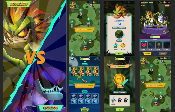 Mobile monster-battler screens: versus, level-up and character sheets