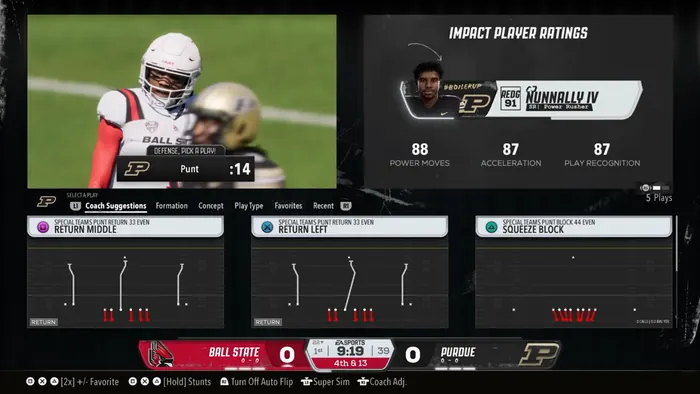Special-teams play-call screen with formation diagrams and player ratings