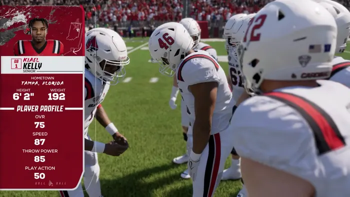 Pre-snap player profile card over an on-field camera view