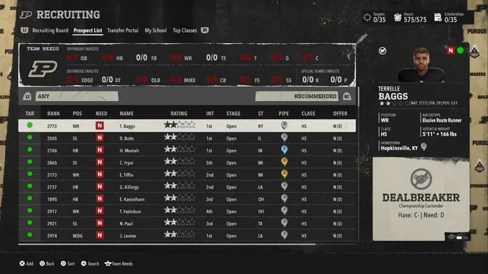 Recruiting prospect table with ratings, stages and pipeline columns