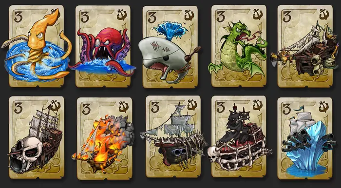 Sea-monster card game set with kraken, dragon and ghost ships