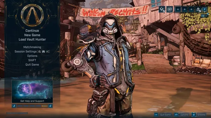 Looter-shooter main menu with a masked raider and hand-painted lettering