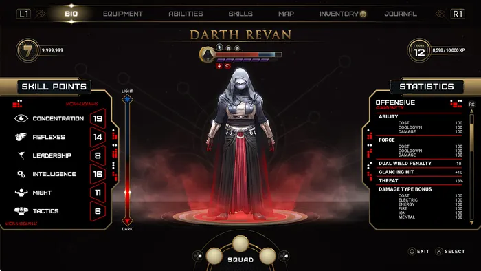 Dark RPG character screen with skill points and statistics panels