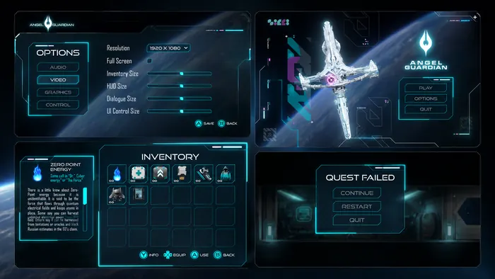 Sci-fi game UI set with options menu, inventory grid and quest states