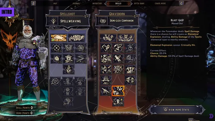 Spell-slinger skill tree with companion tree and maxed talent tooltip