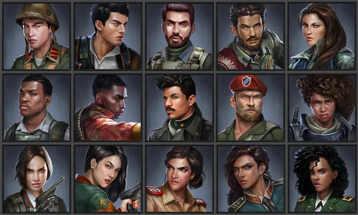 WWII squad portrait set for a strategy roster, fifteen characters