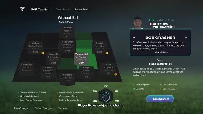 Tactics editor with player-roles pitch map and role detail card