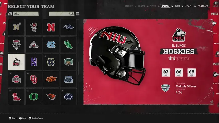 Team select screen with school logo grid and helmet render