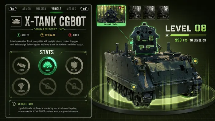 Armored vehicle command UI with stats, upgrade tree and level progress