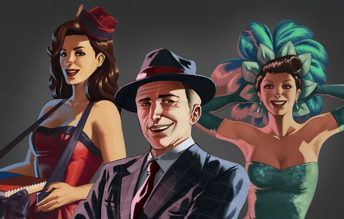 Vintage casino illustration with a dapper gambler and showgirls