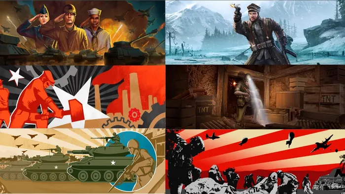 Wartime splash screen set in painted and propaganda styles