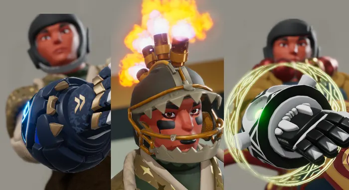 Character close-ups with fist charge, crown flame and ring effects