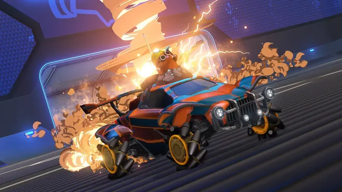 Stylized battle-car exploding through a wall of fire and debris