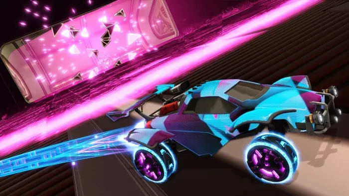 Battle-car with neon light trails in a pink holographic arena