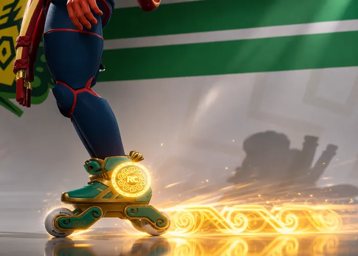 Golden ornamental light trail behind a teal quad skate