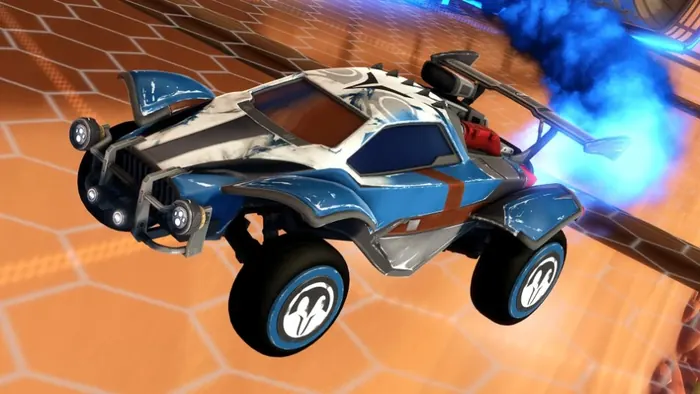 Battle-car mid-jump trailing a dense blue smoke plume