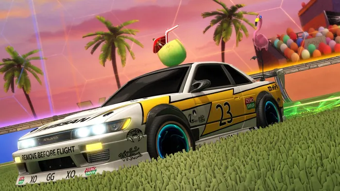 Battle-car with a coconut drink topper drifting on turf with boost effects