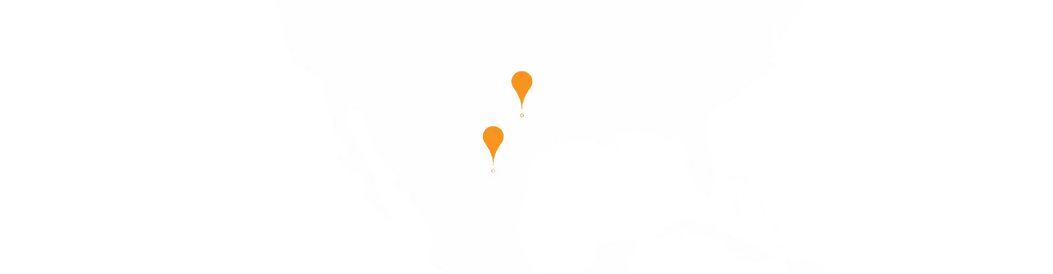 Map of North America with pins on Austin, Texas and Monterrey, Mexico